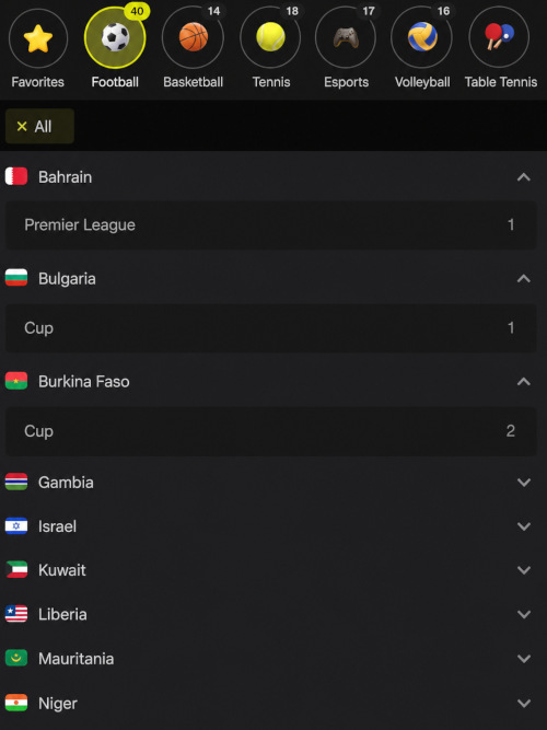 Sports betting section of the website